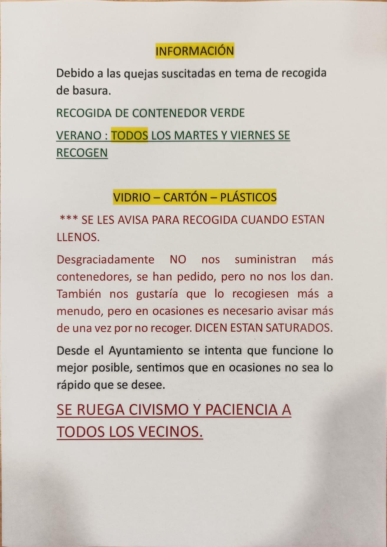 Información debida a las quejas suscitadas en el tema de recogida de basuras